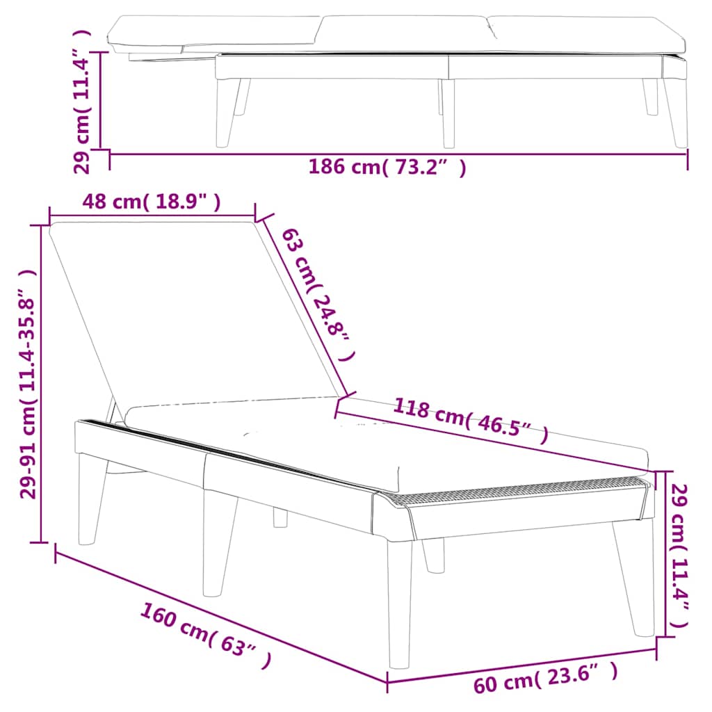vidaXL Sun Lounger 186x60x29 cm polypropylene white