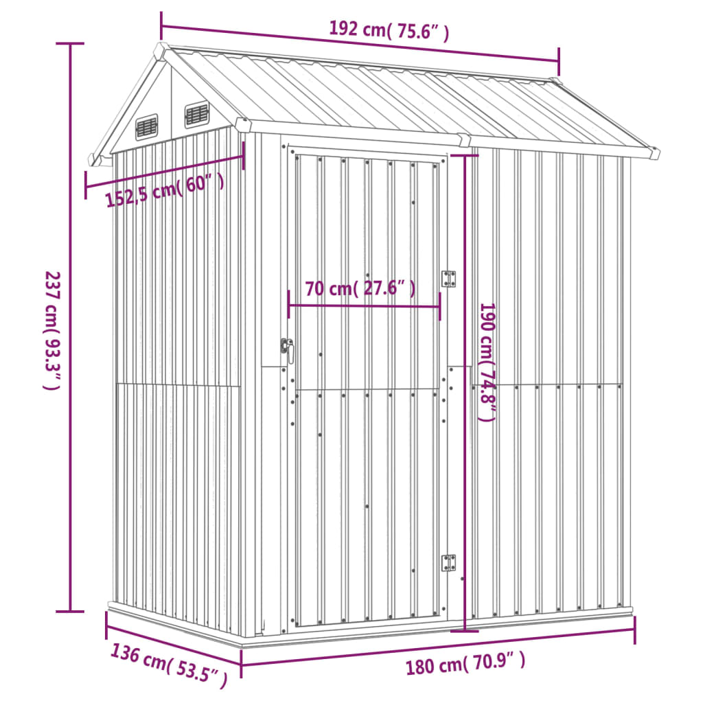 vidaXL Tuinhuis Lichtgrijs 192x152,5x237 cm Gegalvaniseerd Staal