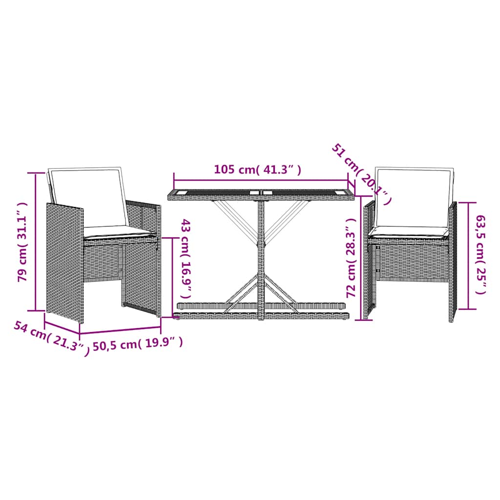 vidaXL 3-delige Bistroset met kussens poly rattan zwart
