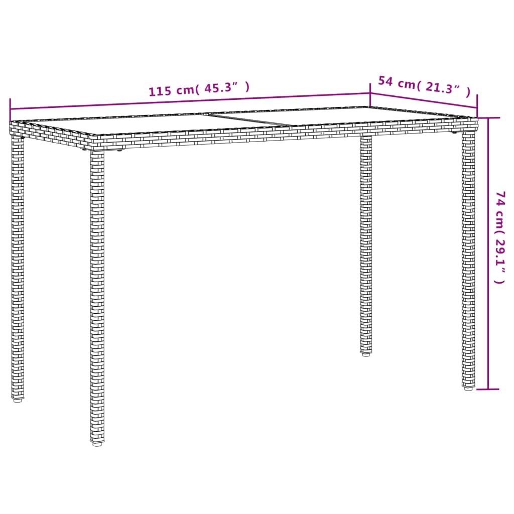 vidaXL Tuintafel met glazen blad 115x54x74 cm poly rattan zwart