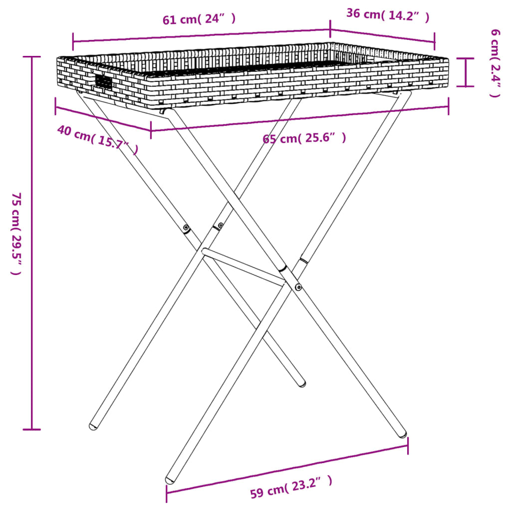 vidaXL Dienbladtafel inklapbaar 65x40x75 cm poly rattan zwart