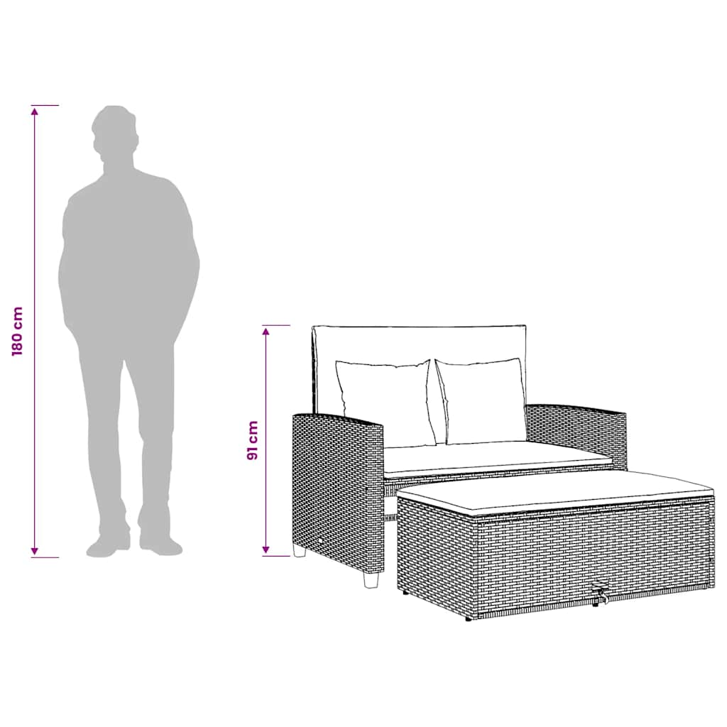 vidaXL Tuinbank 2-zits met kussens poly rattan zwart
