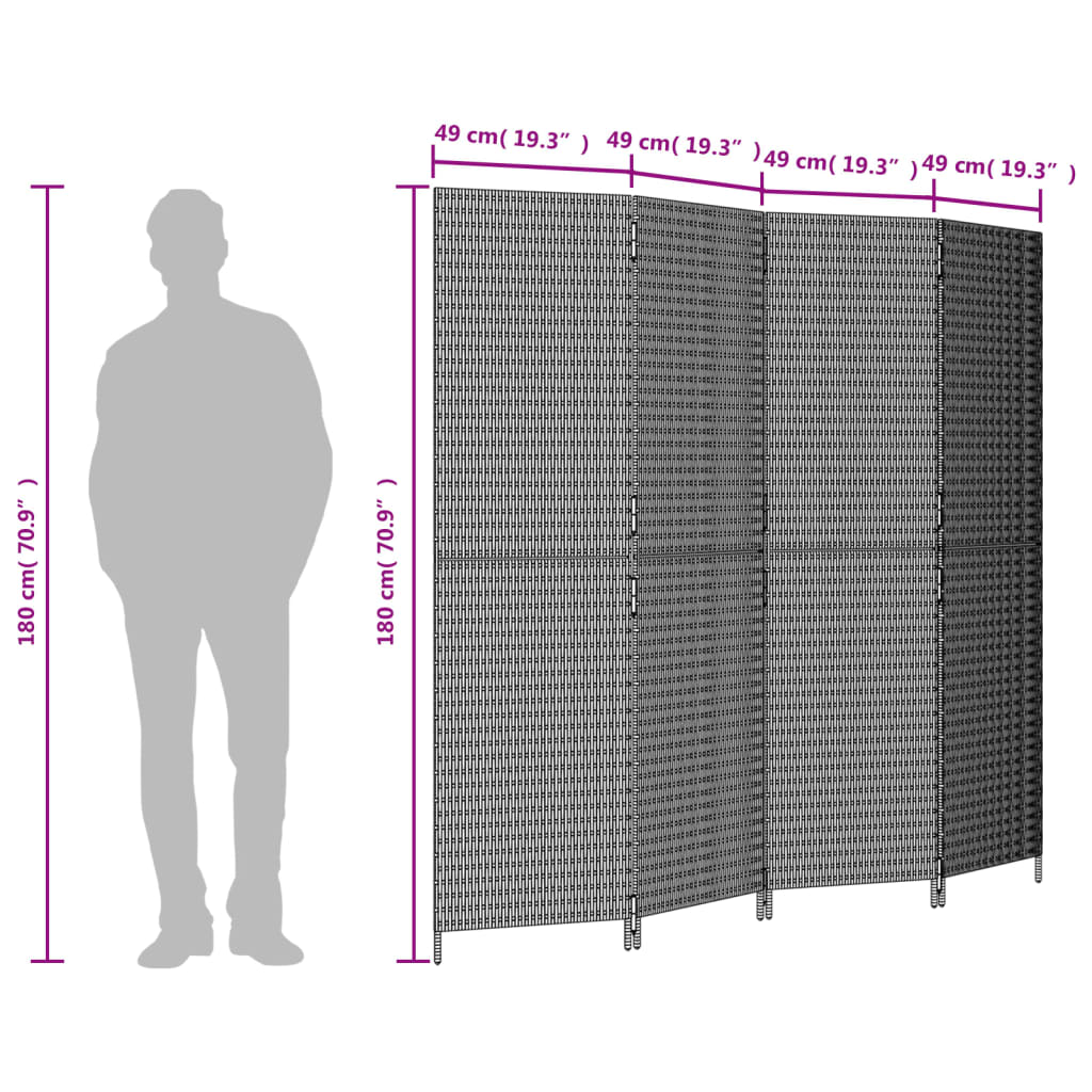 vidaXL Kamerscherm 3 panelen poly rattan zwart