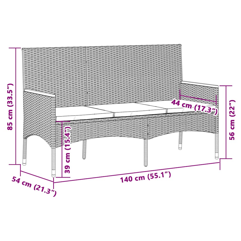 vidaXL Tuinbank 3-zits met kussens poly rattan zwart
