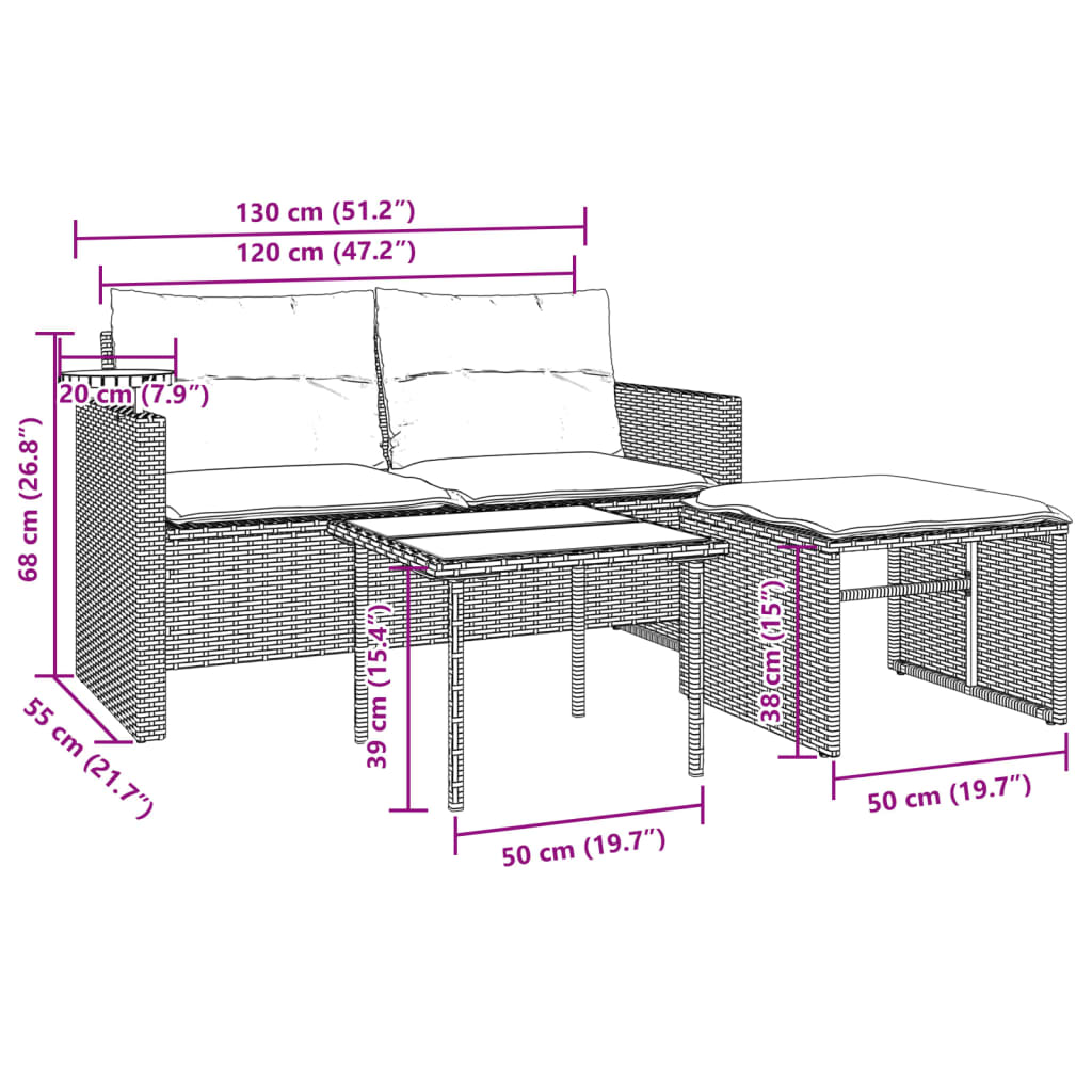 vidaXL 3-delige Loungeset met kussens poly rattan zwart