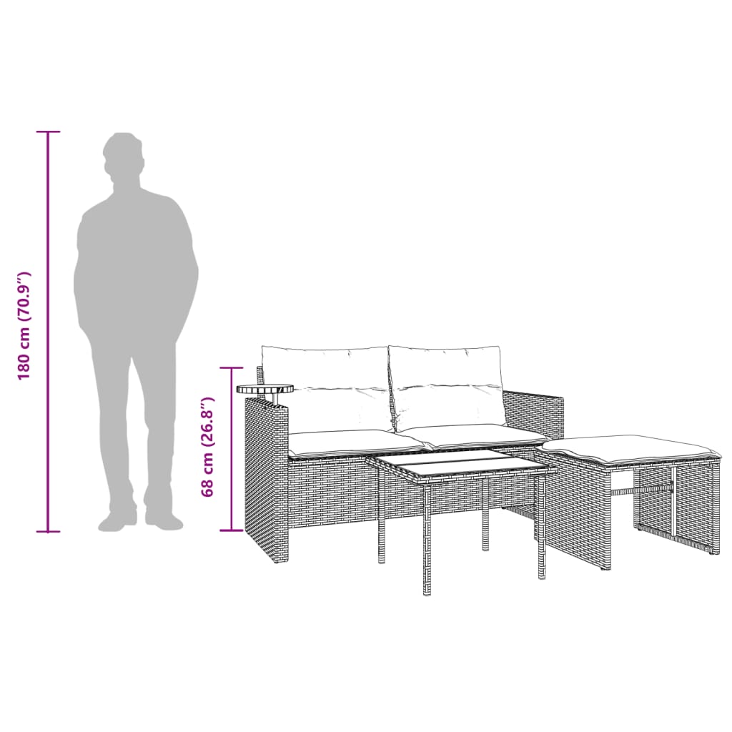 vidaXL 3-delige Loungeset met kussens poly rattan zwart