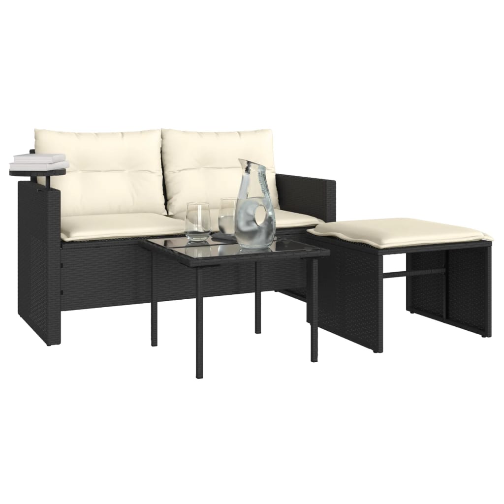 vidaXL 3-delige Loungeset met kussens poly rattan zwart