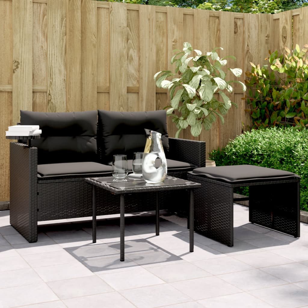 vidaXL 3-delige Loungeset met kussens poly rattan zwart