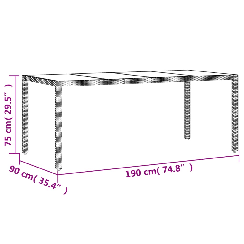 vidaXL Tuintafel met glazen blad 190x90x75 cm poly rattan zwart