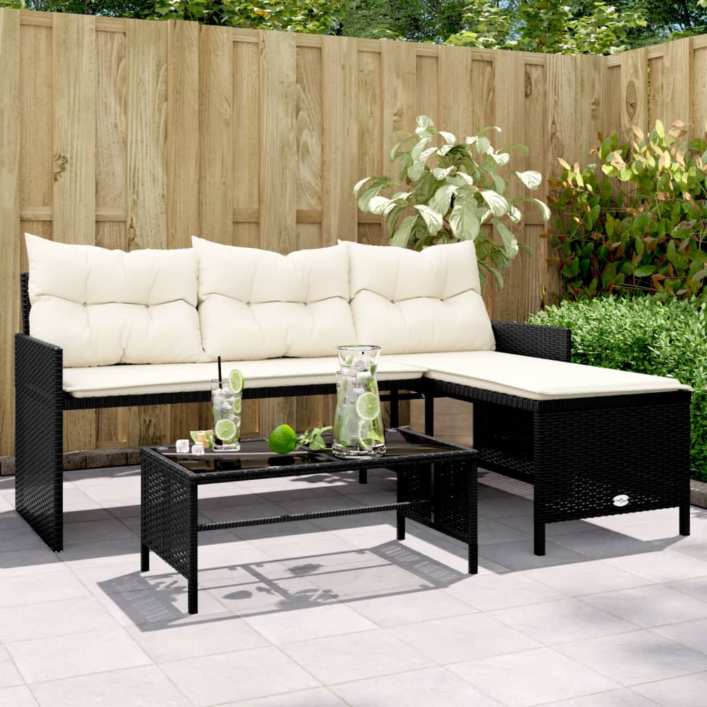 vidaXL Garden Bench with Table and Cushions L-Shaped Poly Rattan Black