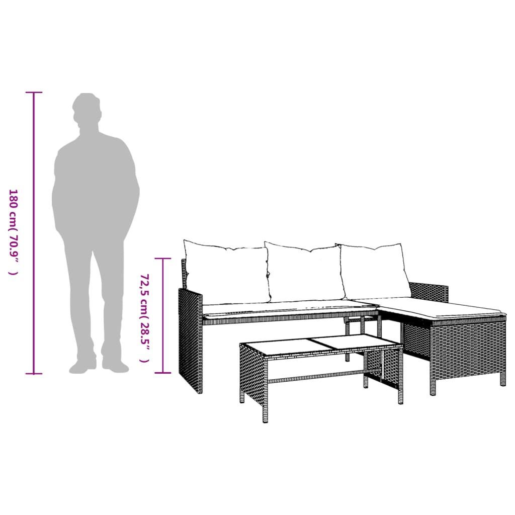 vidaXL Garden Bench with Table and Cushions L-Shaped Poly Rattan Black