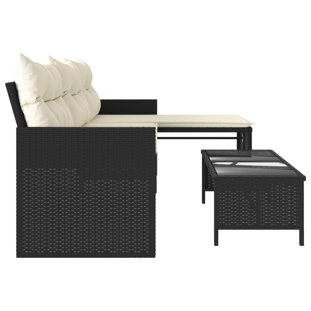 vidaXL Garden Bench with Table and Cushions L-Shaped Poly Rattan Black