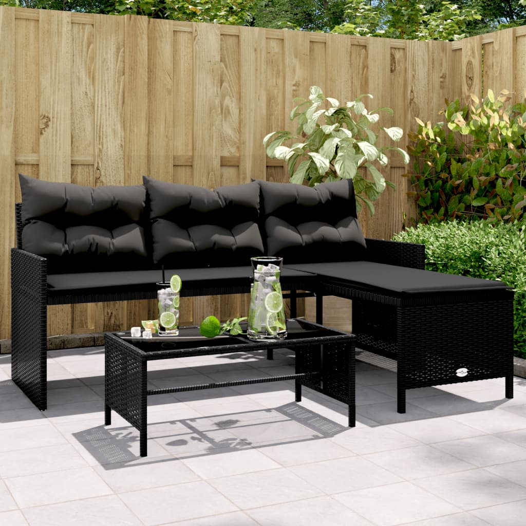 vidaXL Garden Bench with Table and Cushions L-Shaped Poly Rattan Black