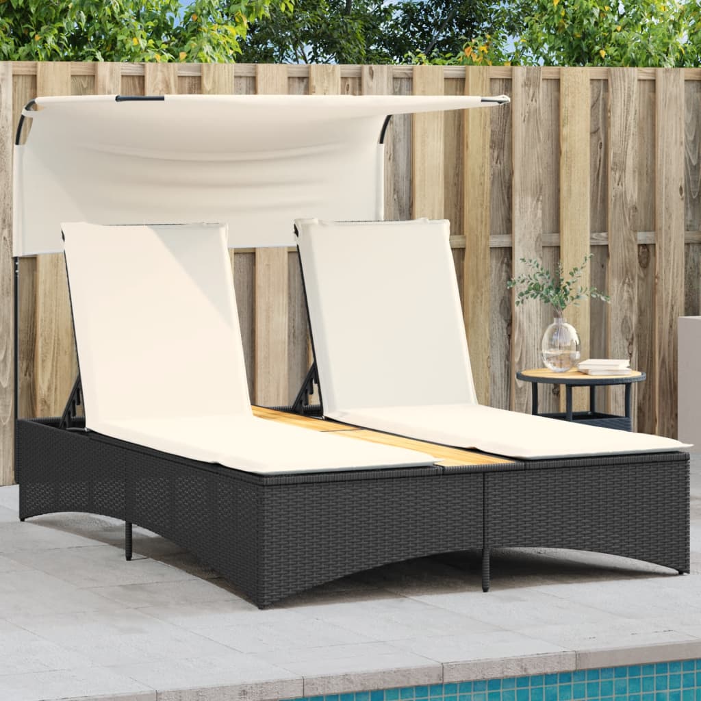 vidaXL Ligbed 2-persoons met luifel en kussens poly rattan zwart