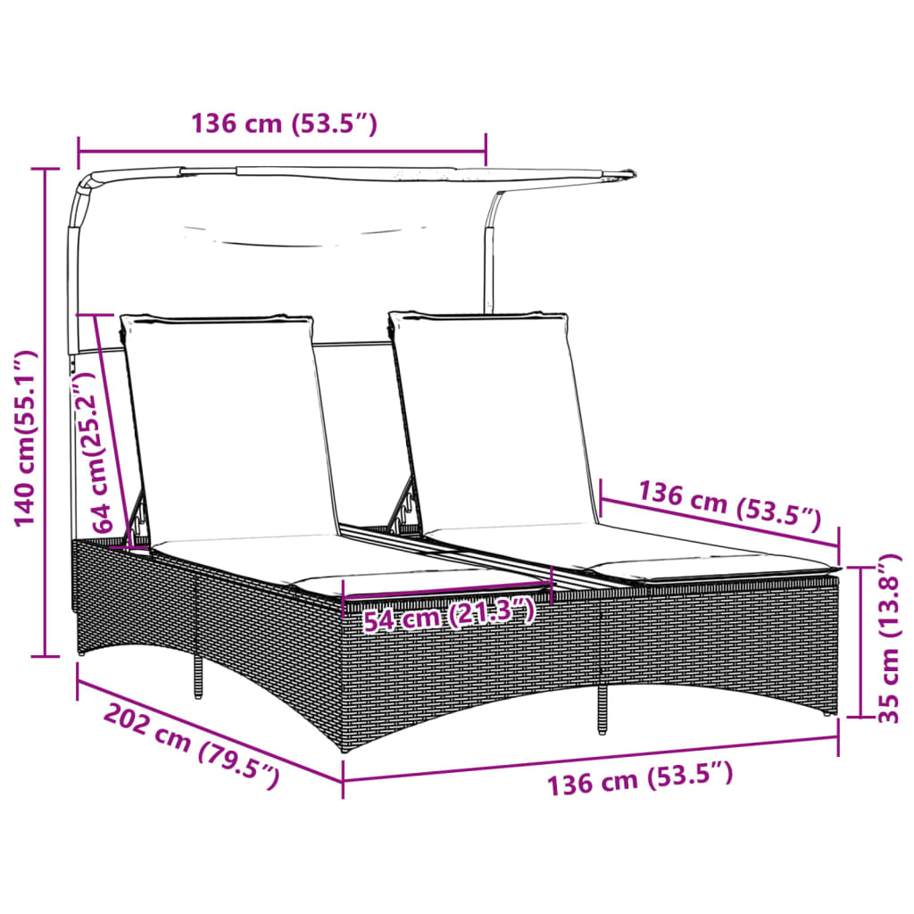 vidaXL Ligbed 2-persoons met luifel en kussens poly rattan zwart