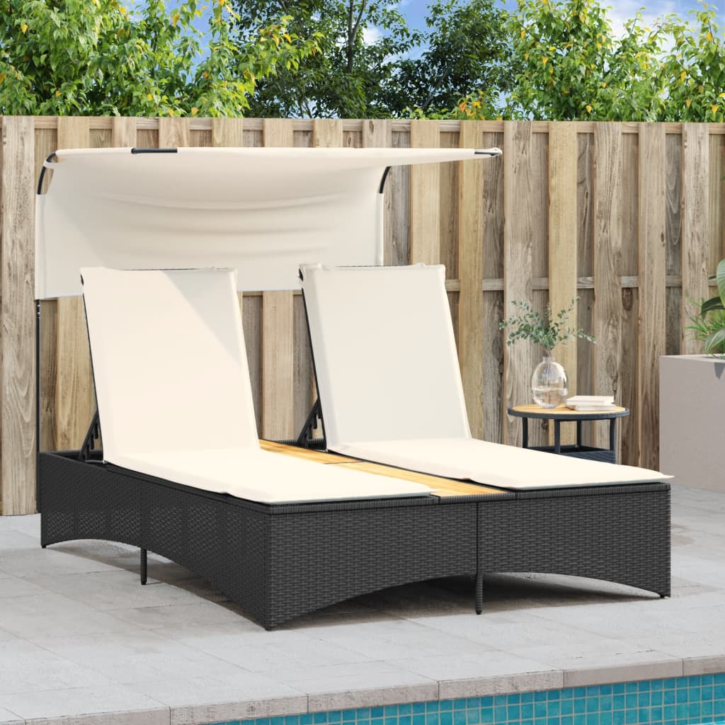 vidaXL Ligbed 2-persoons met luifel en kussens poly rattan zwart