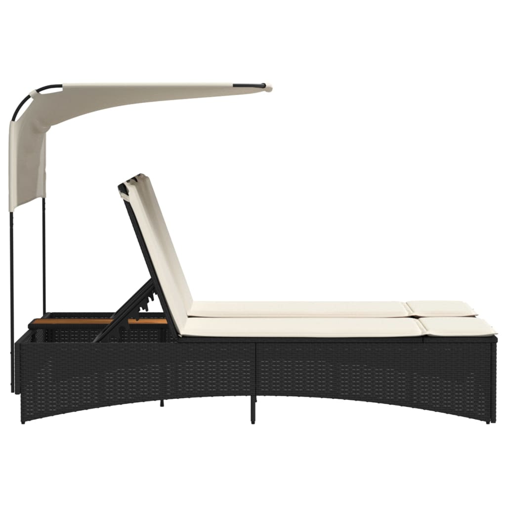 vidaXL Ligbed 2-persoons met luifel en kussens poly rattan zwart
