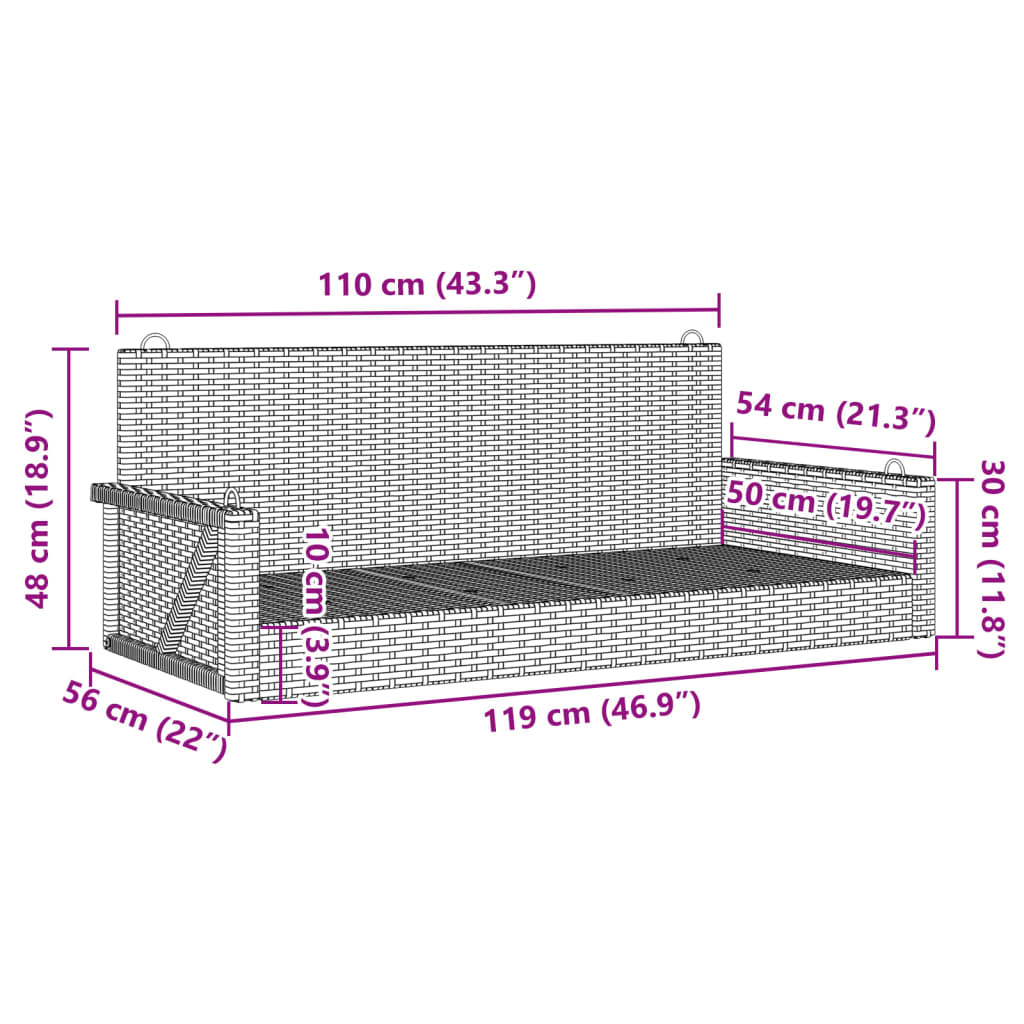 vidaXL Schommelbank 119x56x48 cm poly rattan zwart