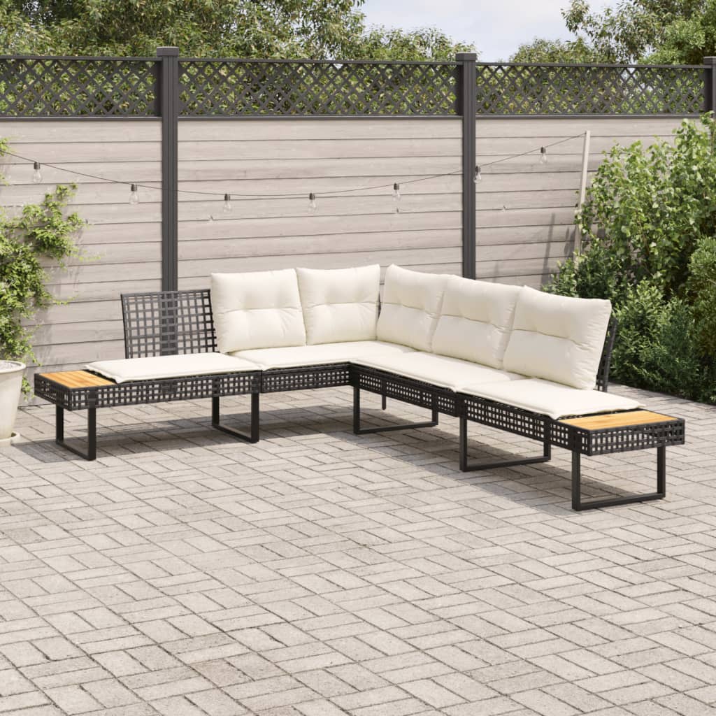 vidaXL Garden Bench with Cushions L-shaped Poly Rattan and Acacia Wood Black