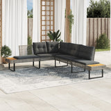 vidaXL Garden Bench with Cushions L-shaped Poly Rattan and Acacia Wood Black