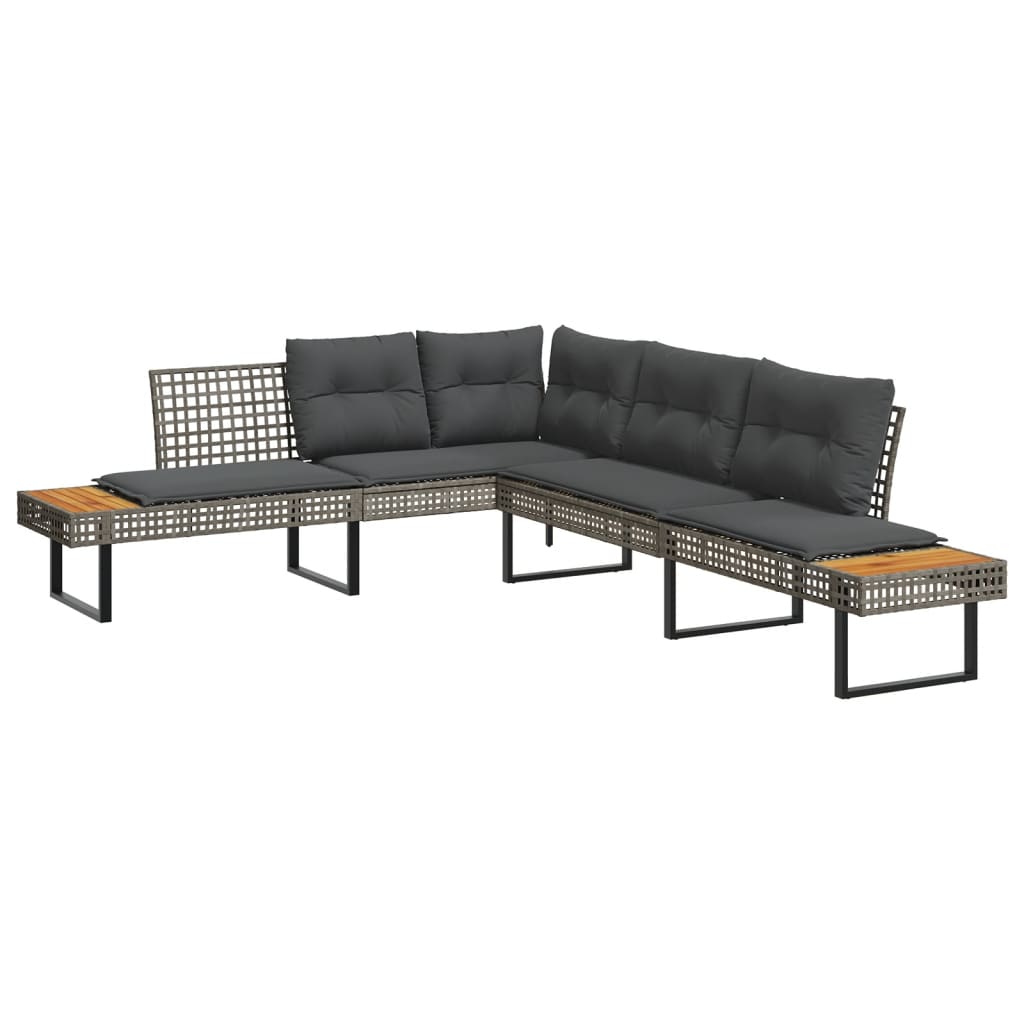 vidaXL Garden Bench with Cushions L-shaped Poly Rattan and Acacia Wood Black