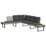 vidaXL Garden Bench with Cushions L-shaped Poly Rattan and Acacia Wood Black