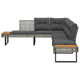 vidaXL Garden Bench with Cushions L-shaped Poly Rattan and Acacia Wood Black