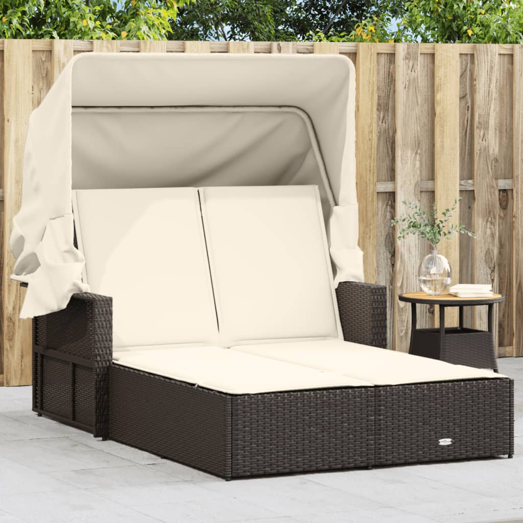 vidaXL Ligbed 2-persoons met luifel en kussens poly rattan zwart