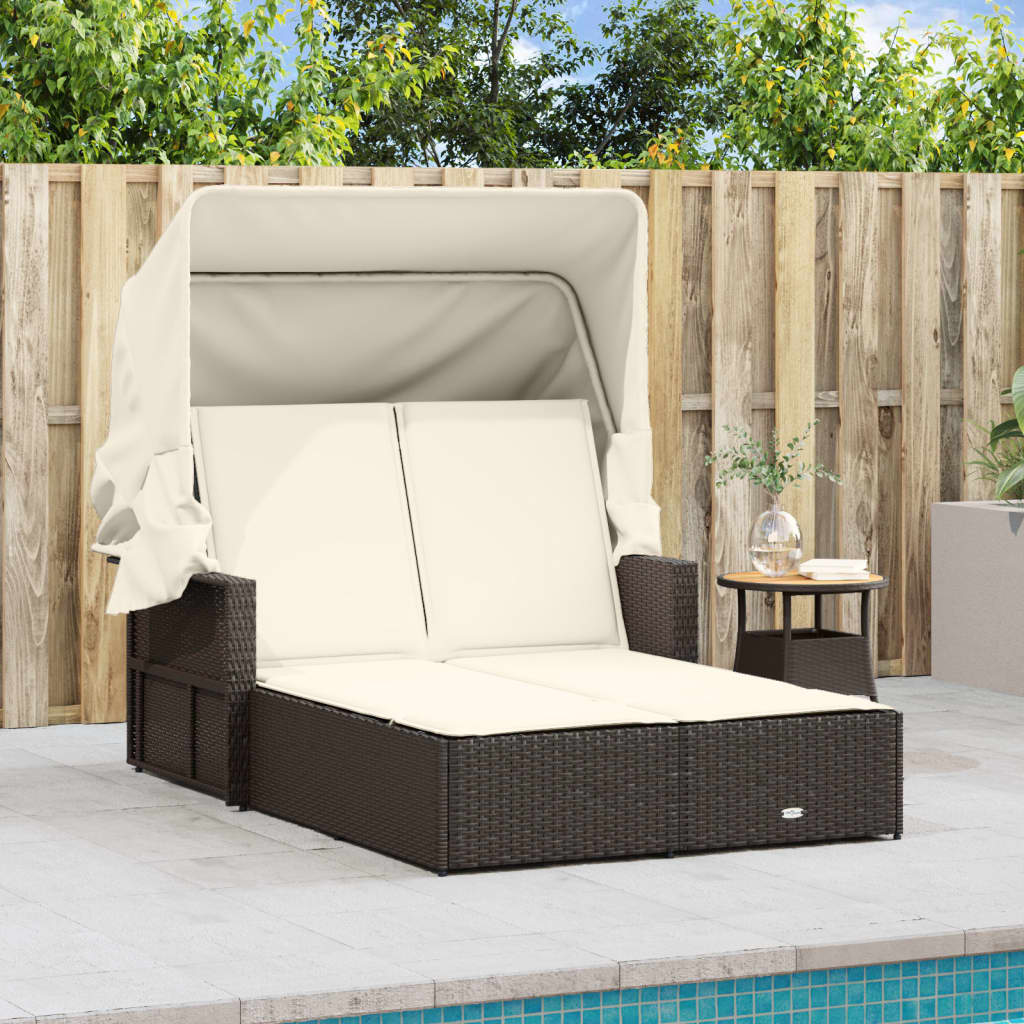 vidaXL Ligbed 2-persoons met luifel en kussens poly rattan zwart