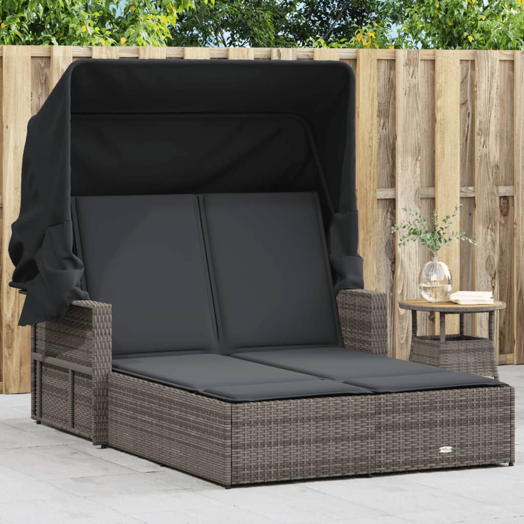 vidaXL Ligbed 2-persoons met luifel en kussens poly rattan zwart