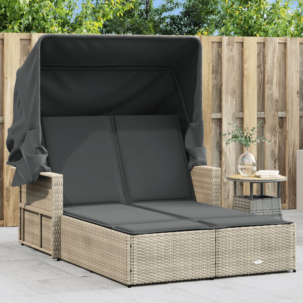 vidaXL Ligbed 2-persoons met luifel en kussens poly rattan zwart