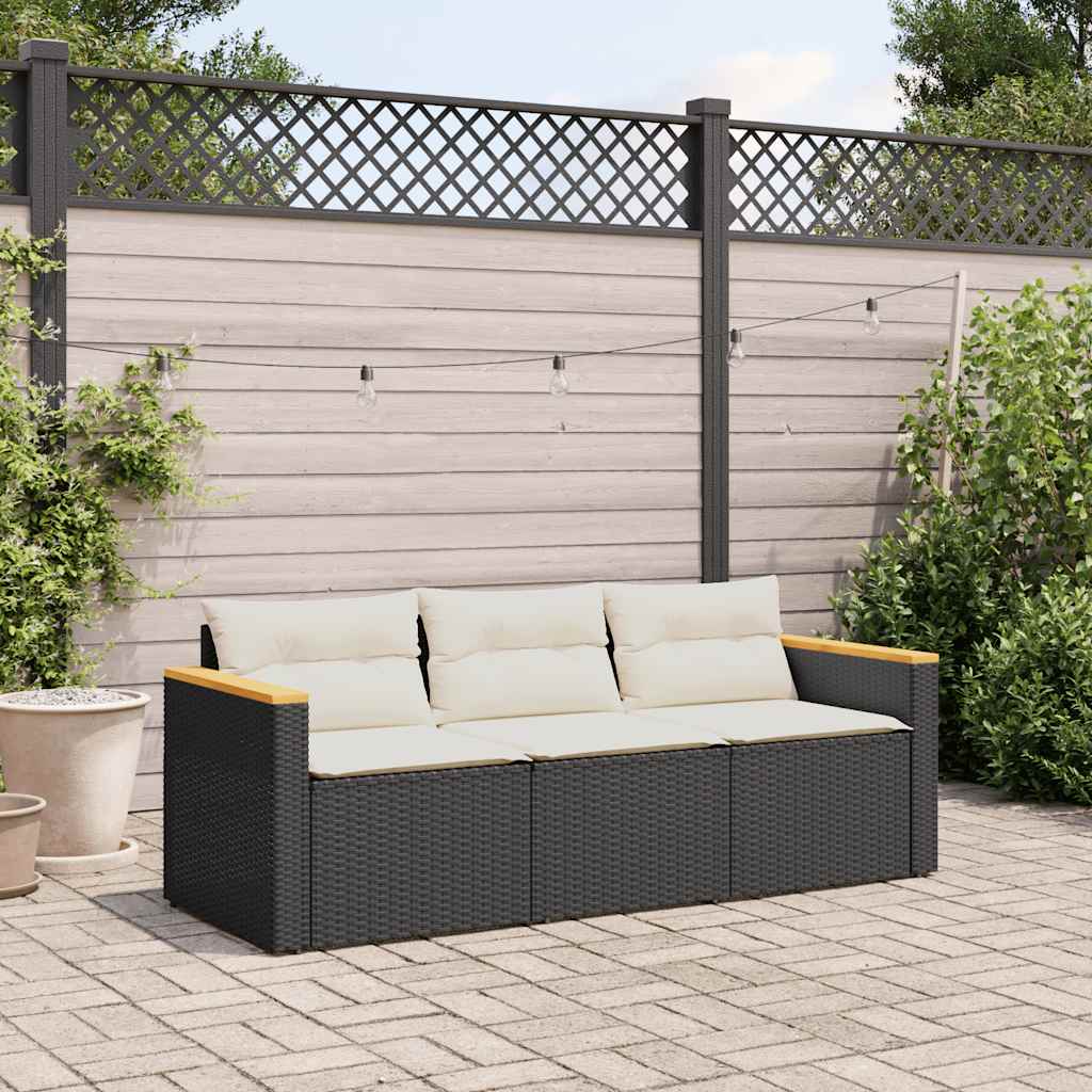 vidaXL Tuinbank 3-zits met kussens poly rattan zwart