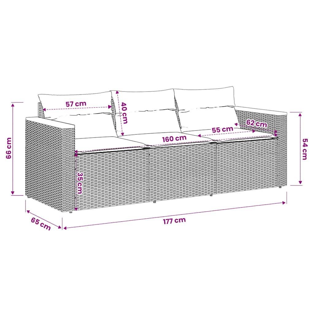 vidaXL Tuinbank 3-zits met kussens poly rattan zwart
