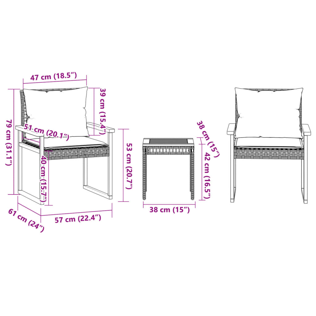 vidaXL 3-delige Bistroset met kussens poly rattan en acaciahout zwart