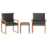 vidaXL 3-delige Bistroset met kussens poly rattan en acaciahout zwart