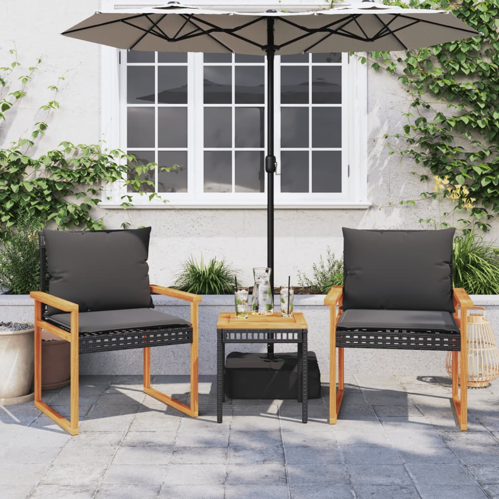 vidaXL 3-delige Bistroset met kussens poly rattan en acaciahout zwart
