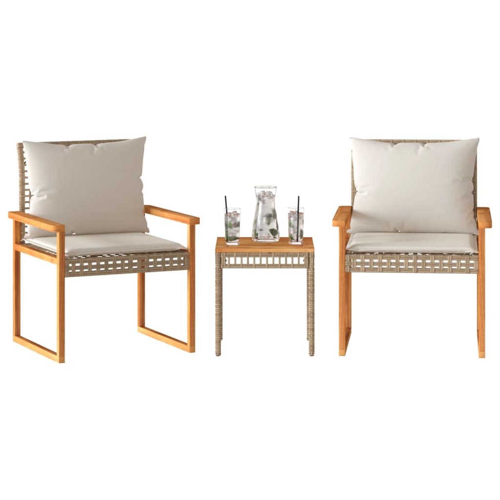 vidaXL 3-delige Bistroset met kussens poly rattan en acaciahout zwart