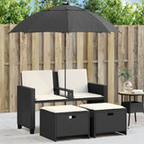 vidaXL Tuinbank 2-zits met parasol en voetenbanken poly rattan zwart