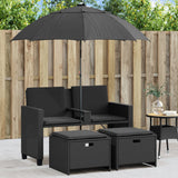 vidaXL Tuinbank 2-zits met parasol en voetenbanken poly rattan zwart