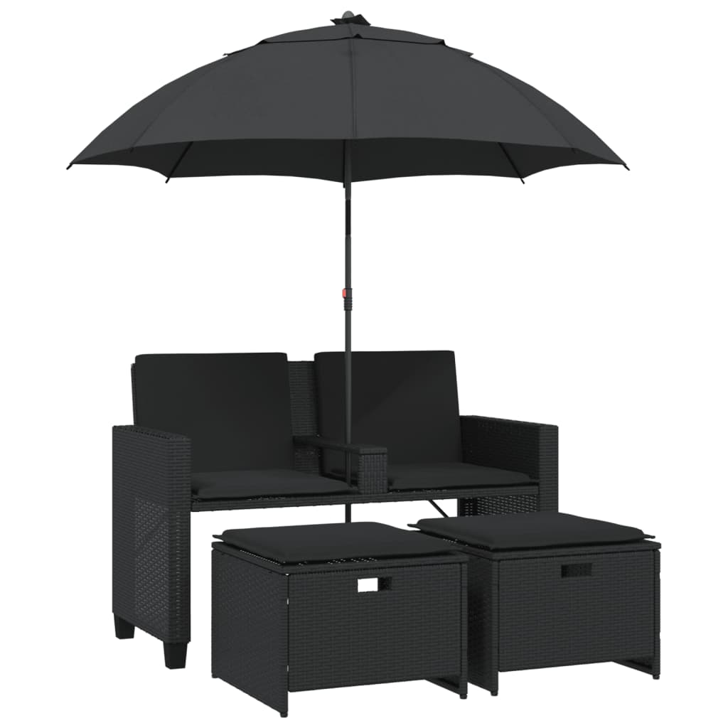vidaXL Tuinbank 2-zits met parasol en voetenbanken poly rattan zwart