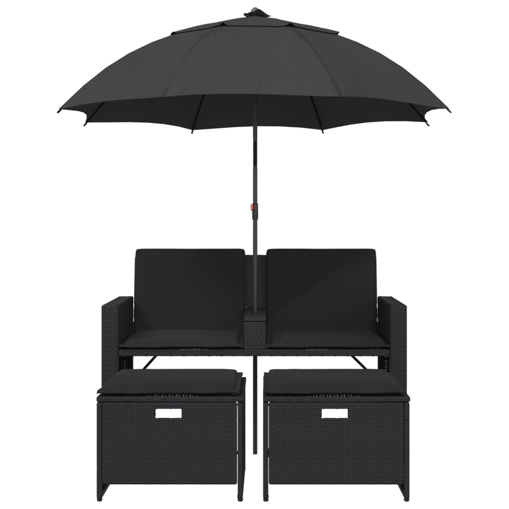 vidaXL Tuinbank 2-zits met parasol en voetenbanken poly rattan zwart