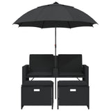vidaXL Tuinbank 2-zits met parasol en voetenbanken poly rattan zwart