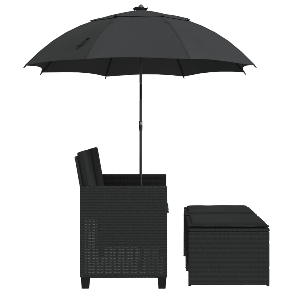 vidaXL Tuinbank 2-zits met parasol en voetenbanken poly rattan zwart