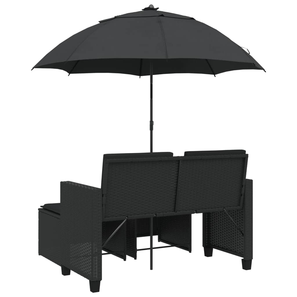 vidaXL Tuinbank 2-zits met parasol en voetenbanken poly rattan zwart