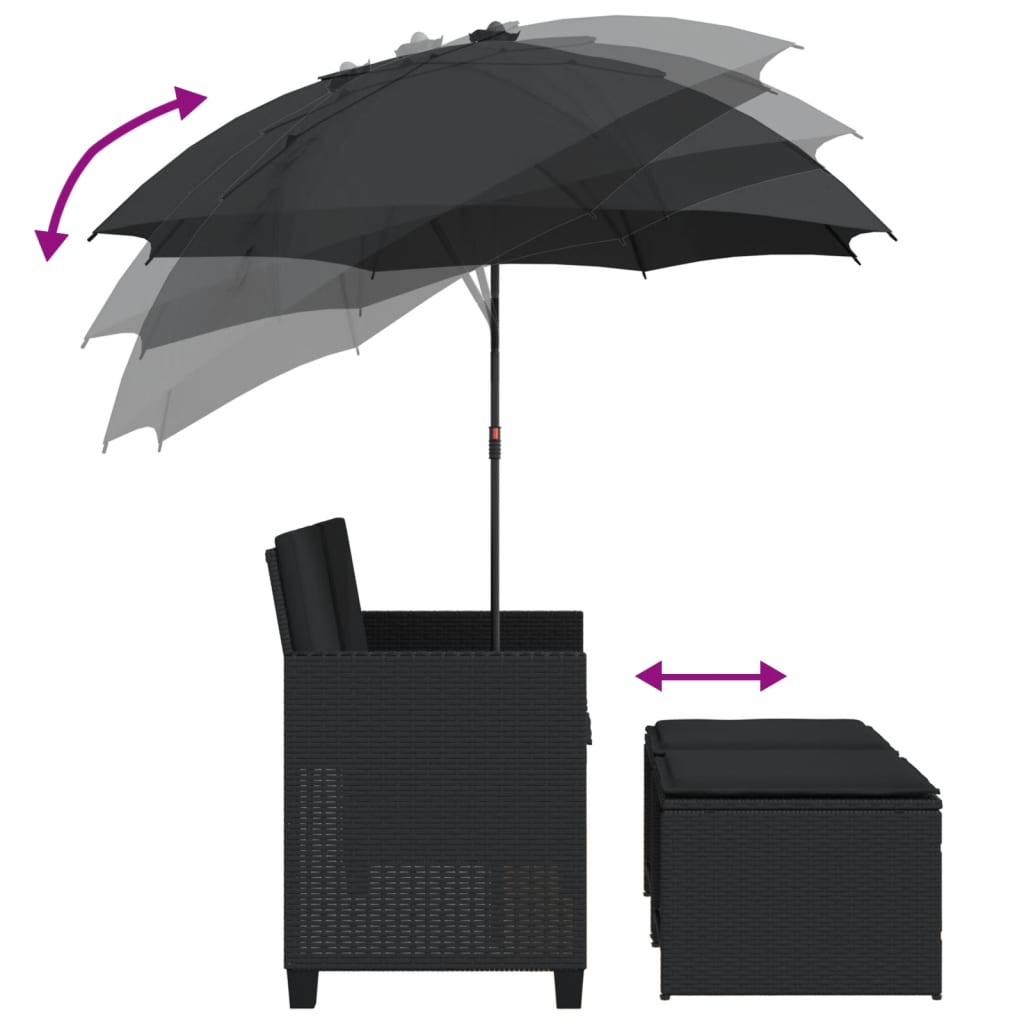 vidaXL Tuinbank 2-zits met parasol en voetenbanken poly rattan zwart