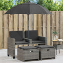 vidaXL Tuinbank 2-zits met parasol en voetenbanken poly rattan zwart