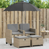 vidaXL Tuinbank 2-zits met parasol en voetenbanken poly rattan zwart