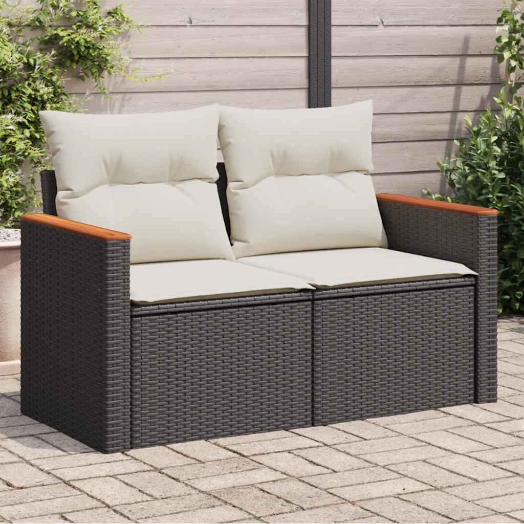 vidaXL Tuinbank met kussens 2-zits zwart poly rattan