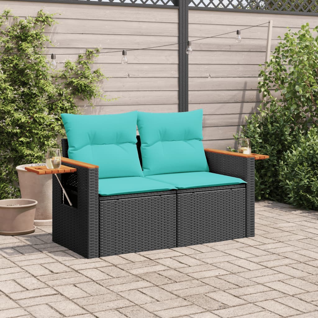 vidaXL Tuinbank met kussens 2-zits poly rattan zwart