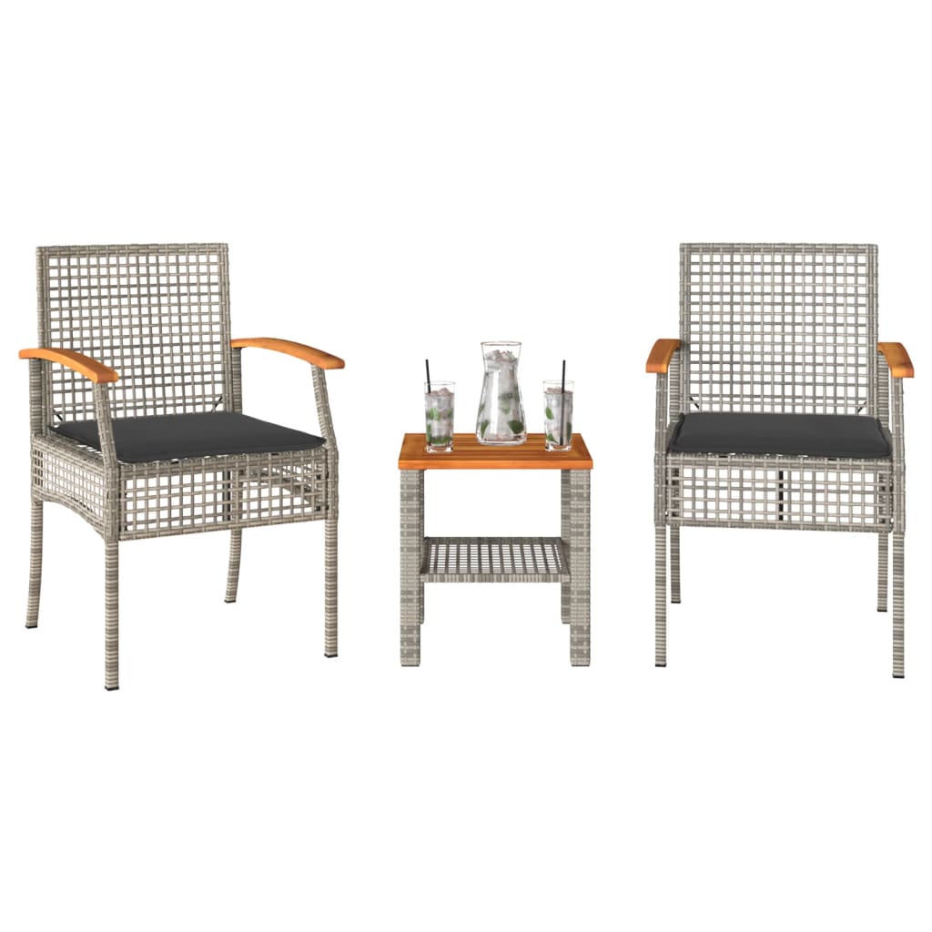 vidaXL 3-delige Bistroset met kussens poly rattan en acaciahout zwart